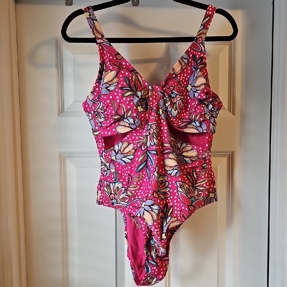 Tabitha Brown Pink Polka Dot Swim Top with Multicolor Trim